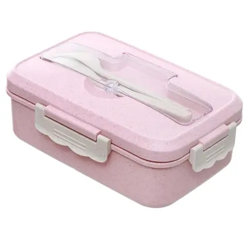 علبة غذاء مكونة من ثلاثة أقسام مع حامل مدمج لسهولة الحمل وأدوات طعام لون وردى