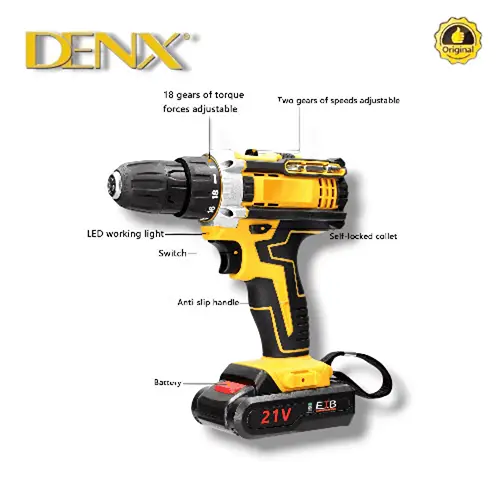 دريل كهربائي DENX DX2588 ببطارية ليثيوم 21 فولت، للأعمال المنزلية، البناء، السيارات والحدائق.