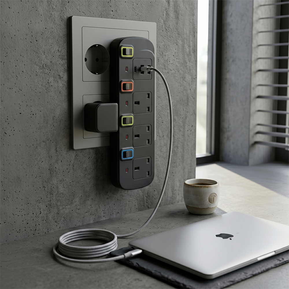 محول TradaMax متعدد 4 مخارج مع USB وType-C بقدرة 2000 واط (أسود)