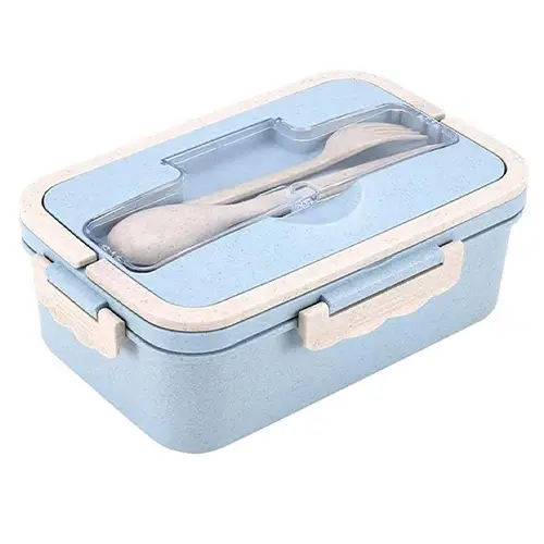 علبة غذاء مكونة من ثلاثة أقسام مع حامل مدمج لسهولة الحمل وأدوات طعام لون ازرق
