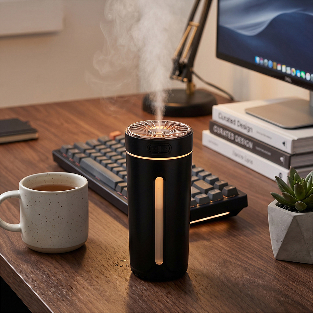 مرطب هواء عطري USB 300 مل برذاذ ناعم وتشغيل حتى 6 ساعات (أسود)